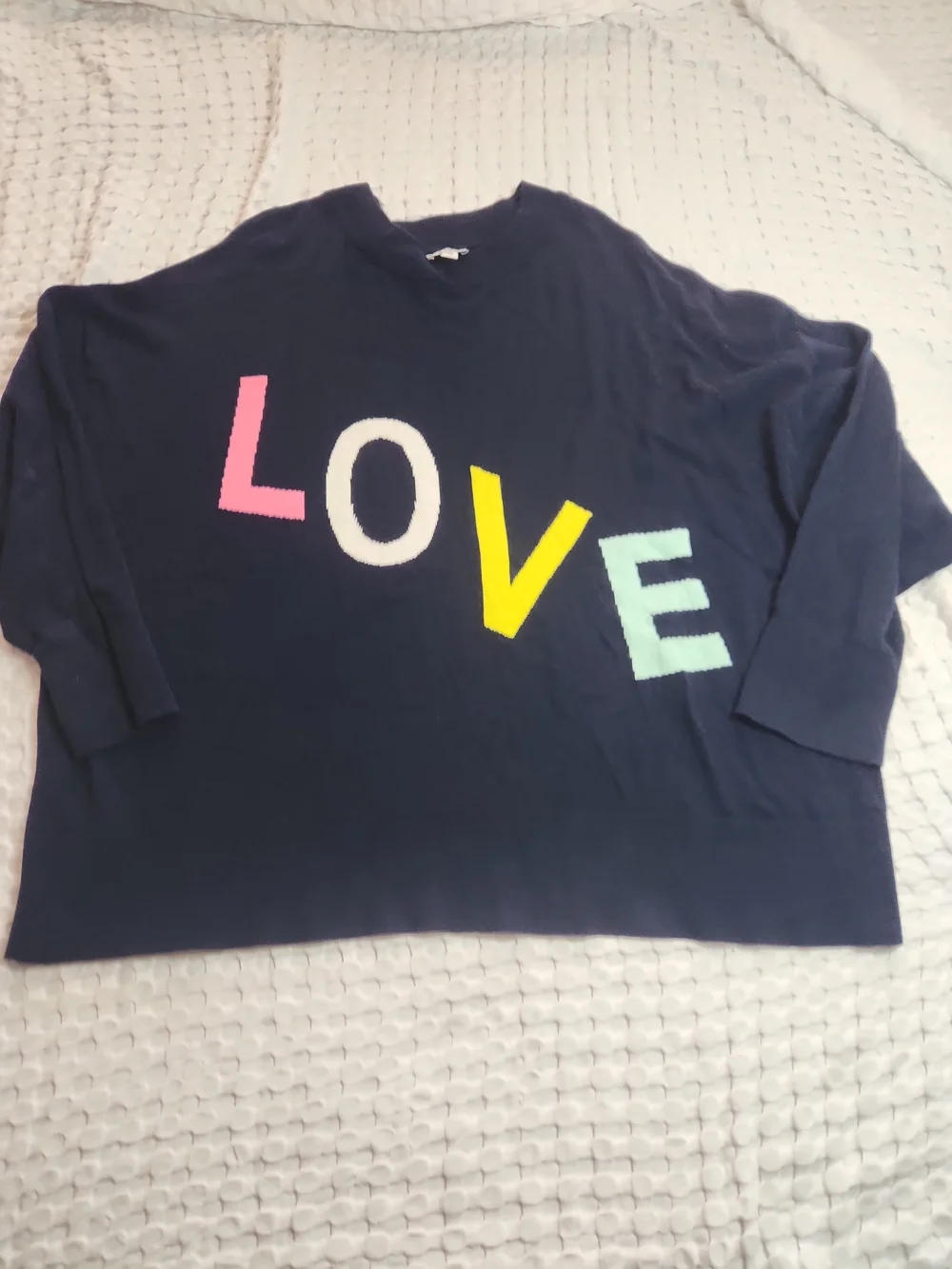 crown & ivy Navy Crewneck Sweater with Multicolor LOVE Letters